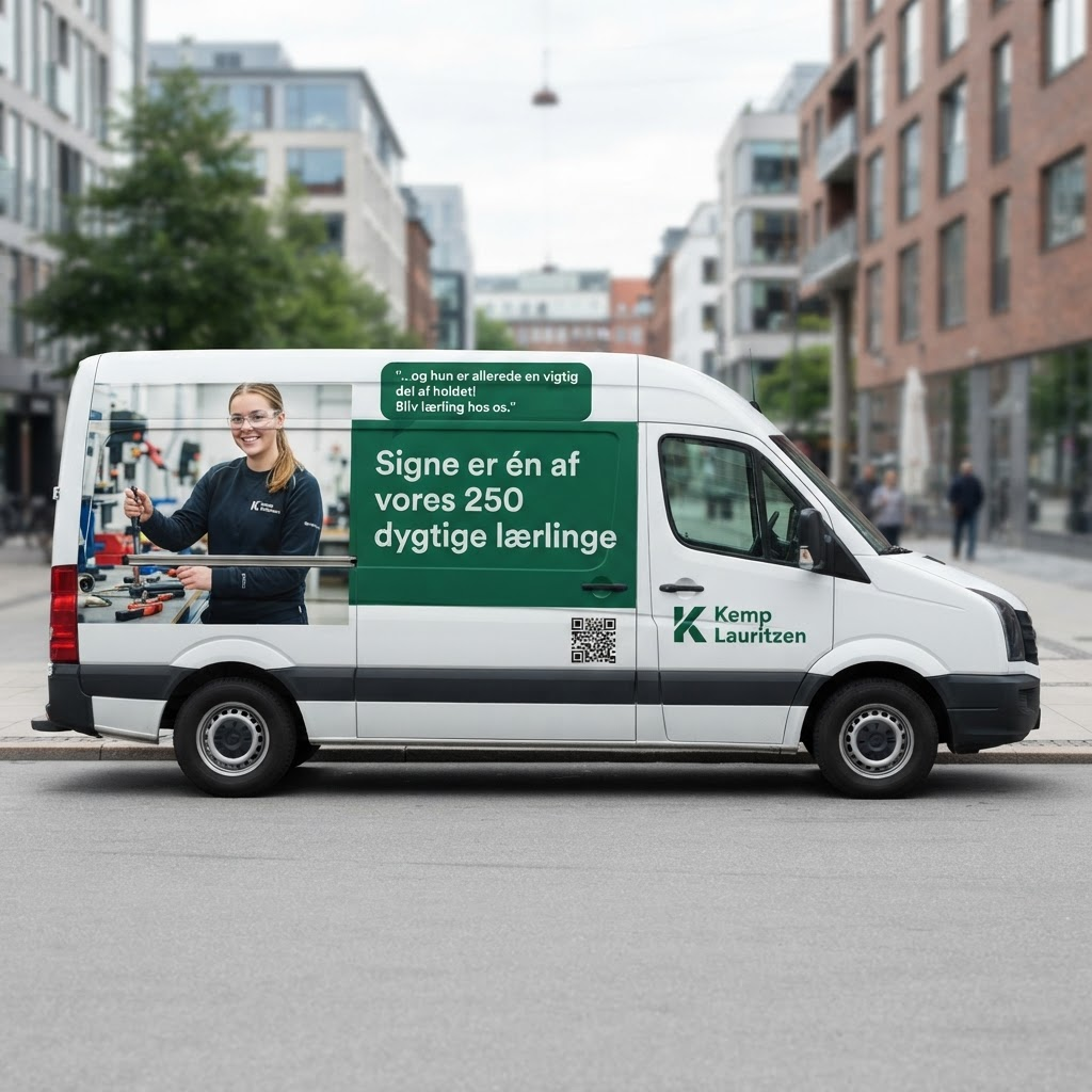 Mockup af hvid VW Crafter varevogn folieret i Kemp & Lauritzens design med grøn talebobbel, medarbejderportræt og budskabet 'Signe er én af vores 250 dygtige lærlinge'